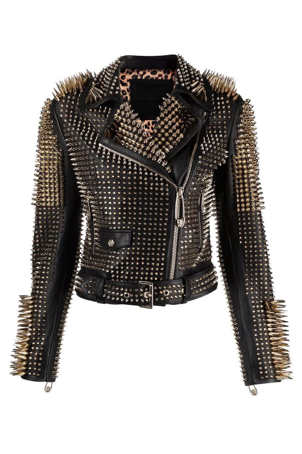 Women Black Punk Silver Long Spiked Studded Leather Biker Jacket - Leather Loom