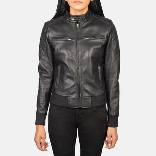Zenna Black Leather Bomber Jacket - Leather Loom