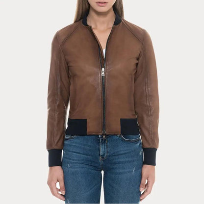 Sugar Brown Lambskin Soft  Leather Bomber Jacket - Leather Loom