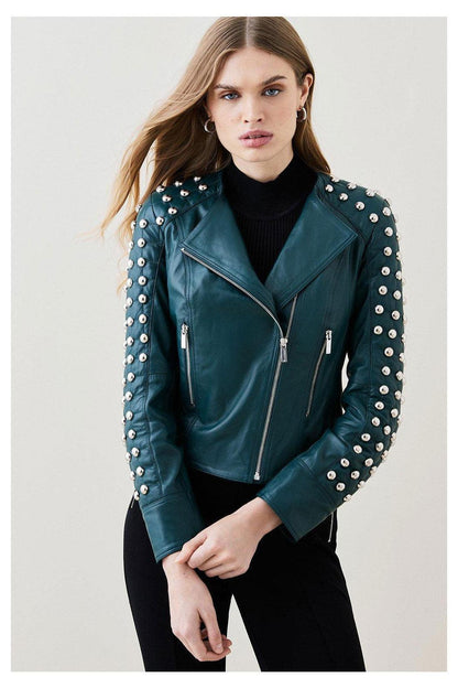 Women Chocolat Green Style Silver Spiked Studded Retro Motorcycle Leather Jacket - Leather Loom