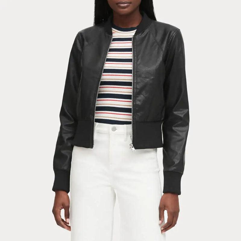 Women Cropped Ribbed Cuff Black Bomber Jacket - Leather Loom