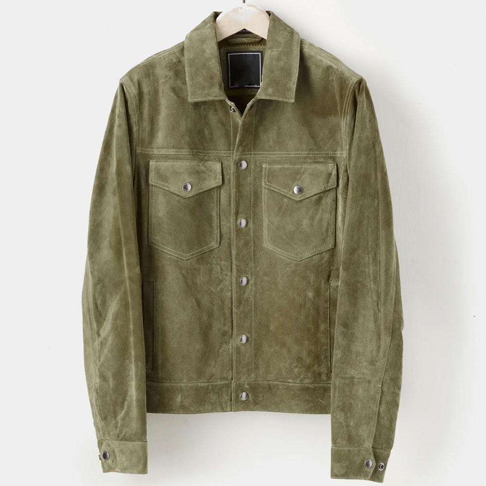 Men’s Cream Green Suede Leather Shirt Jeans Style Jacket - Leather Loom