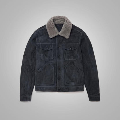 Mens Navy Fur Collar Suede Leather Trucker Jacket - Leather Loom