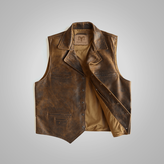 Brown Mens Sheepskin Leather Cowboy Vest - Leather Loom