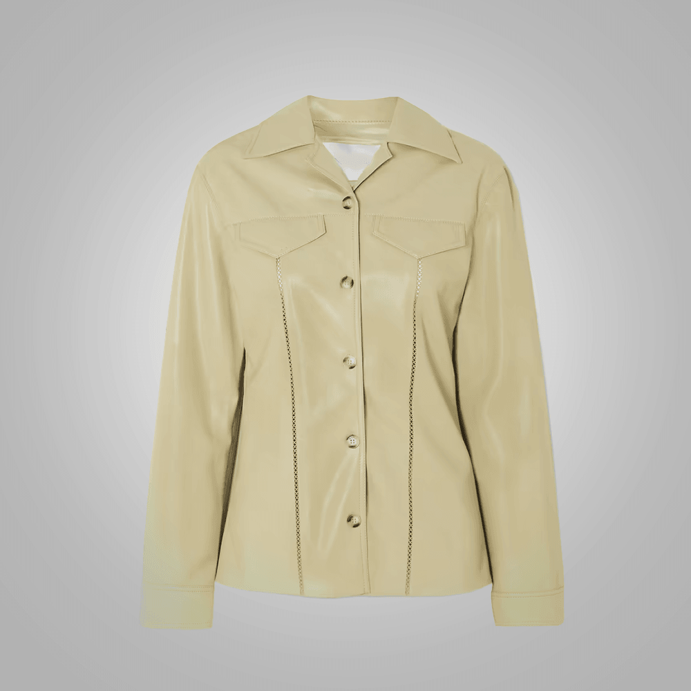 Women's Khaki Smooth Simple Button Closure Leather Shirt - Leather Loom