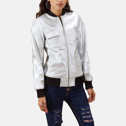 Lana Silver Leather Bomber Jacket - Leather Loom