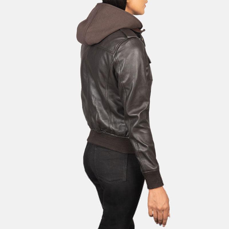 Roslyn Brown Hooded Leather Bomber Jacket - Leather Loom
