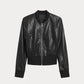 Women Cropped Ribbed Cuff Black Bomber Jacket - Leather Loom