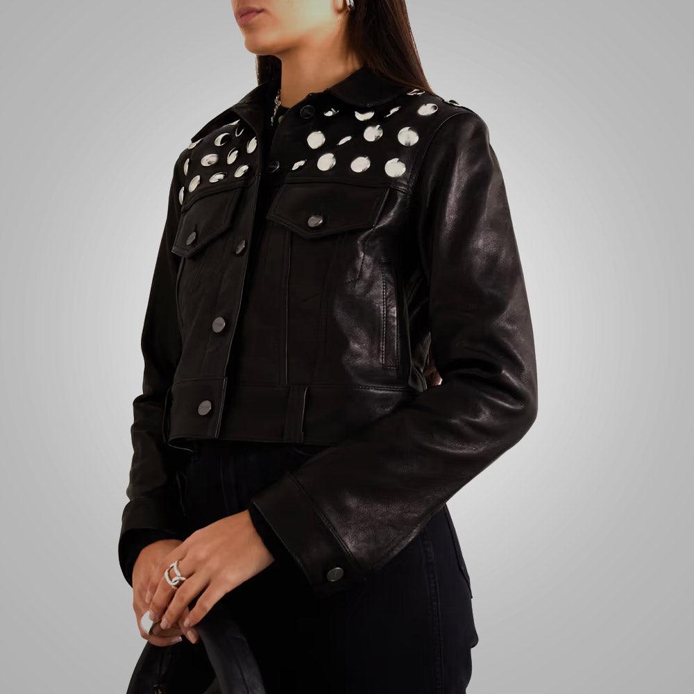Women's Black Shearling Studded textured Cropped Leather Jacket - Leather Loom