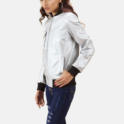 Lana Silver Leather Bomber Jacket - Leather Loom