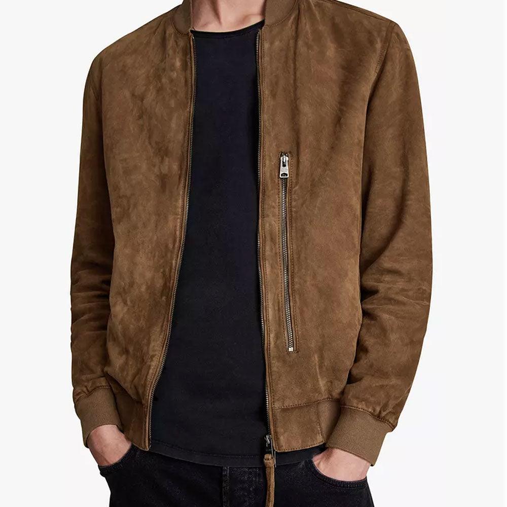 Mens Brown Suede Real Leather Bomber Jacket - Leather Loom