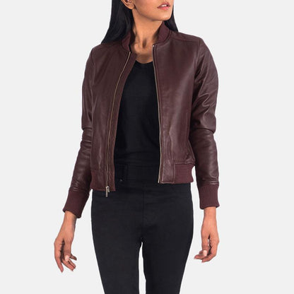 Bliss Maroon Leather Bomber Jacket - Leather Loom