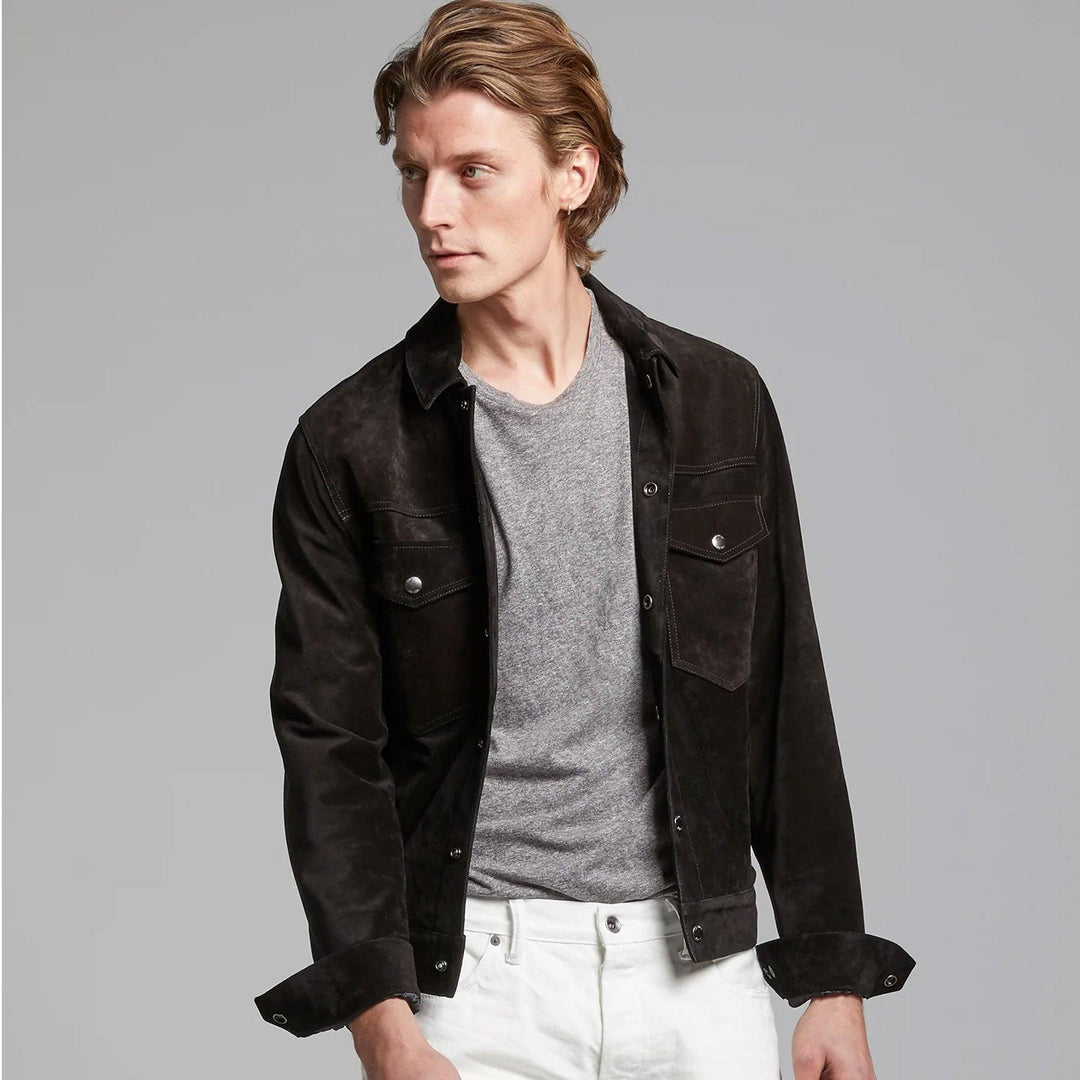 Black Men’s Suede Leather Jacket  Shirt Jeans Style - Leather Loom