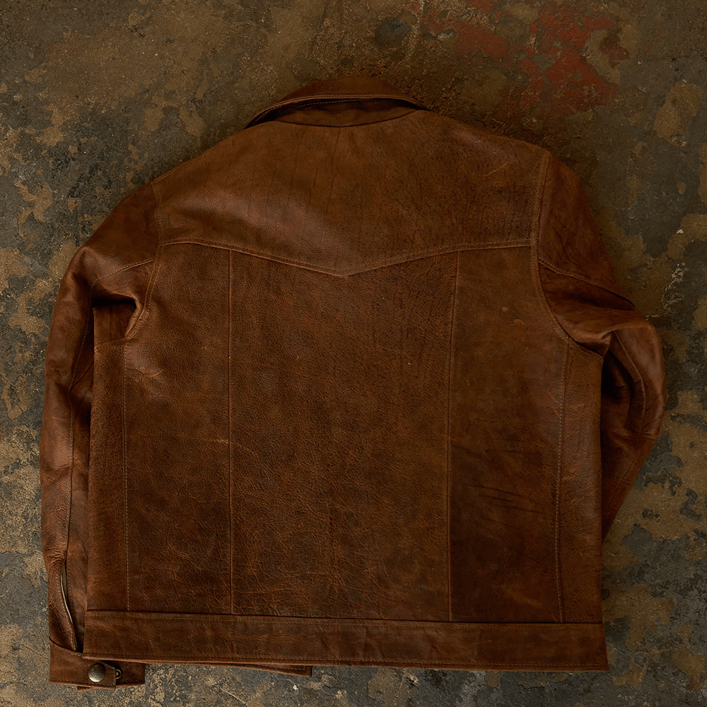 Brown Men Lambskin Iconic Trucker Leather Biker Jacket - Leather Loom