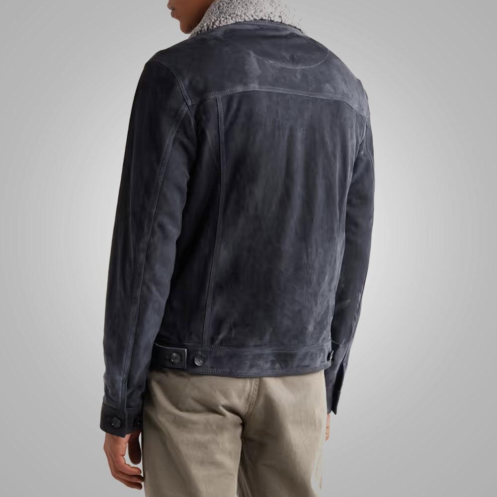 Mens Navy Fur Collar Suede Leather Trucker Jacket - Leather Loom