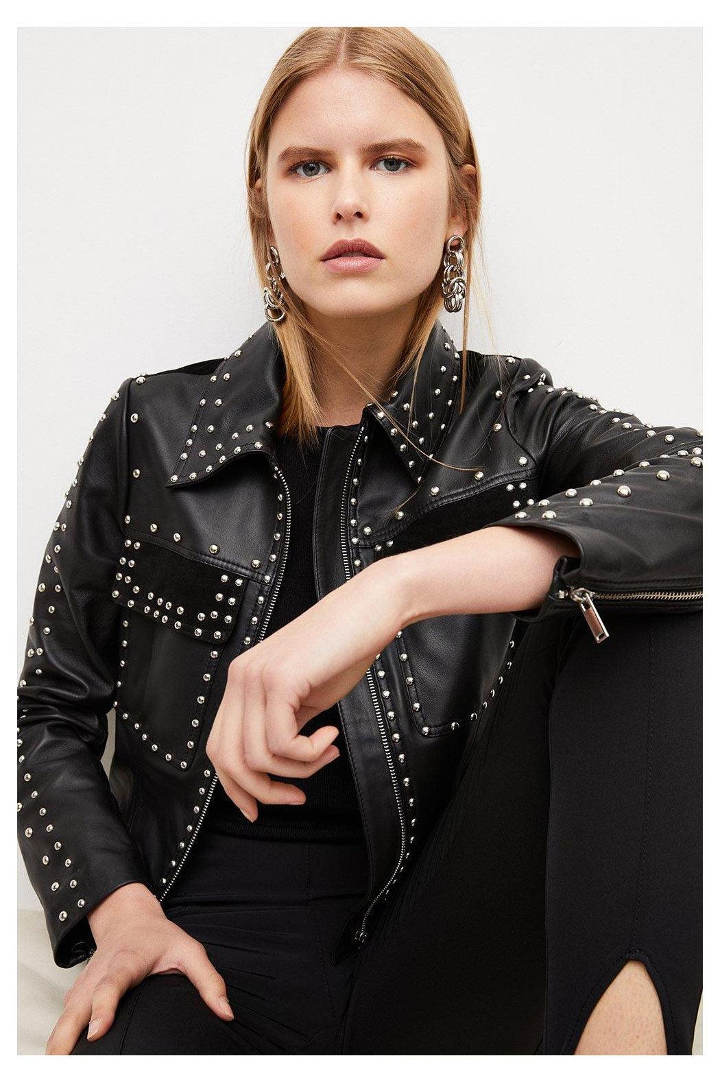 Women Black style Silver Spiked Studded Leather Biker Jacket - Leather Loom