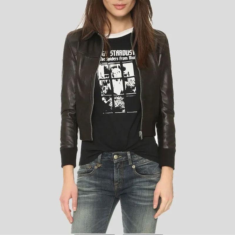 Halle Shirt Collar Black Bomber Leather Jacket - Leather Loom