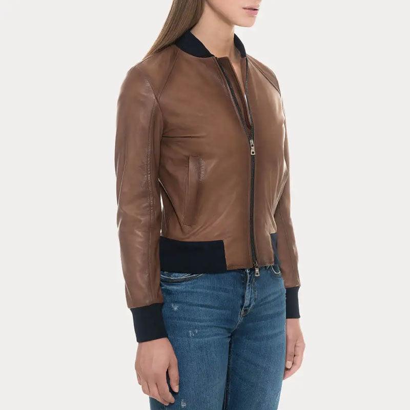 Sugar Brown Lambskin Soft  Leather Bomber Jacket - Leather Loom