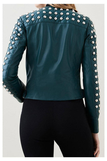 Women Chocolat Green Style Silver Spiked Studded Retro Motorcycle Leather Jacket - Leather Loom