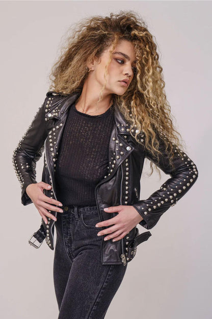 Women Black Style Silver Spiked Studded Leather Biker jacket - Leather Loom