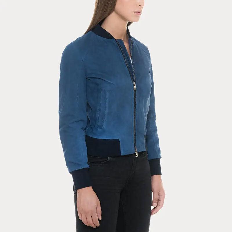Blue Suede Bomber Jacket with Black Rib Knit Collar & Cuffs - Leather Loom