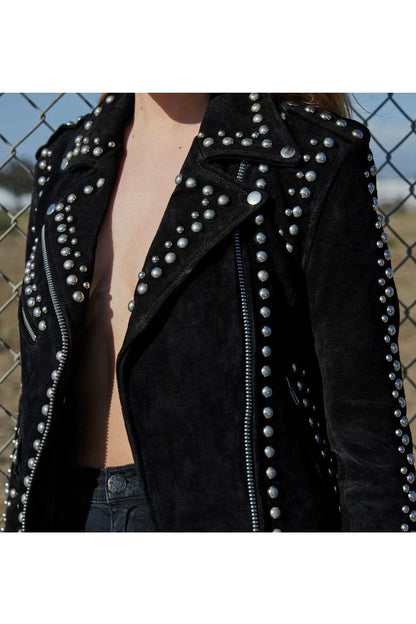 Women Style Silver Studded Black Suede Leather Jacket - Leather Loom