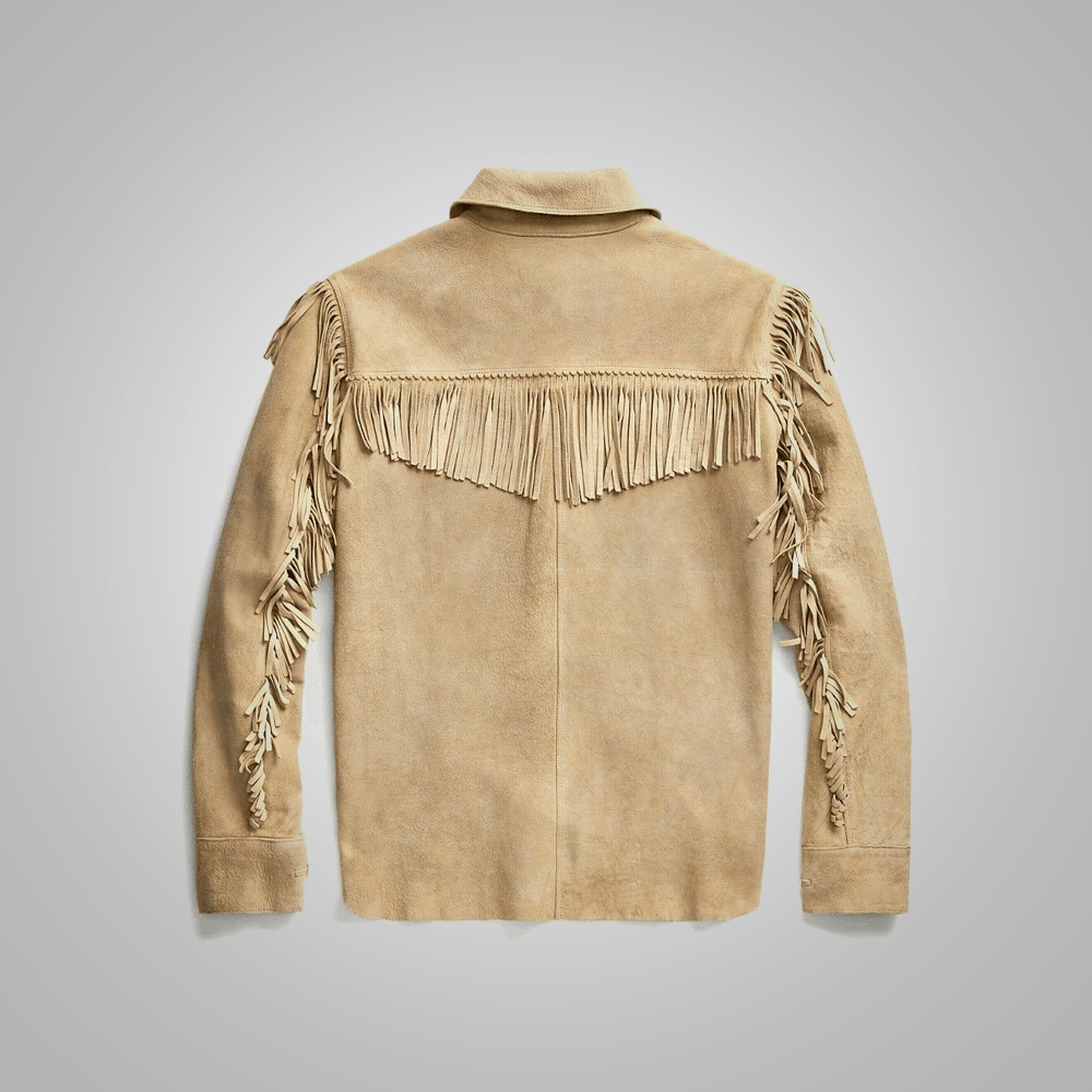 Mens Brown Western Suede Leather Jacket With Beads Fringes - Leather Loom
