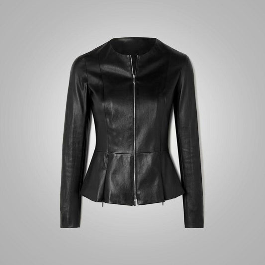 Women's Stretch Cotten Concealed Zip Black Leather Shirt - Leather Loom
