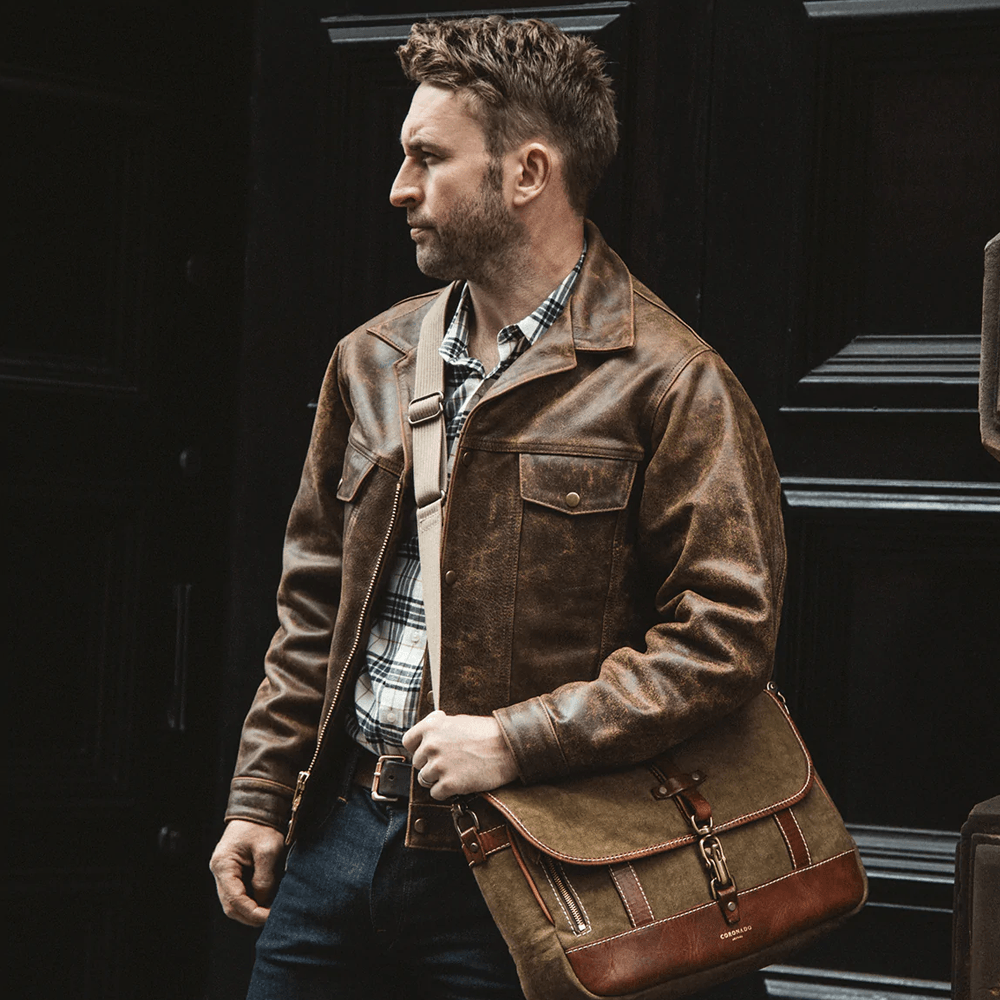 Mens brown Distressed Real Leather Four Pocket Leather Jacket - Leather Loom