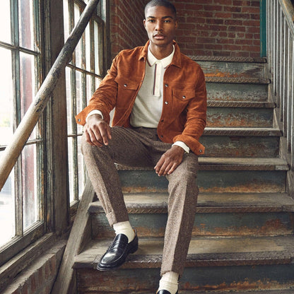 Men’s Burnt Orange Suede Leather Biker Jacket - Leather Loom