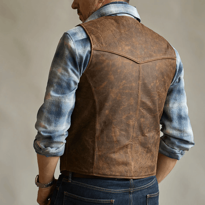 Brown Mens Western Cowboy Biker Leather Vest - Leather Loom