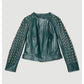 Women Chocolat Green Style Silver Spiked Studded Retro Motorcycle Leather Jacket - Leather Loom