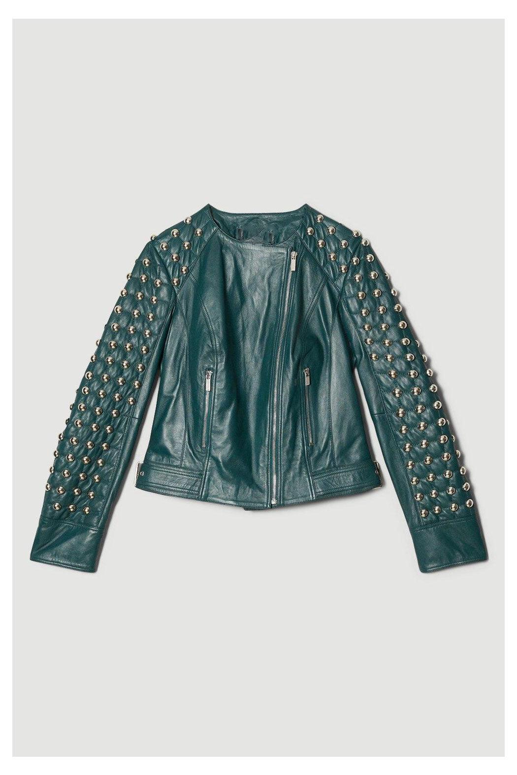 Women Chocolat Green Style Silver Spiked Studded Retro Motorcycle Leather Jacket - Leather Loom