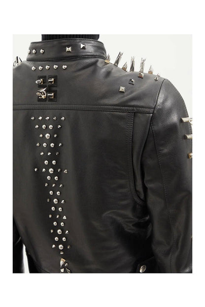 Black Women style Silver Long Spiked Studded Motorcycle Leather Jacket - Leather Loom