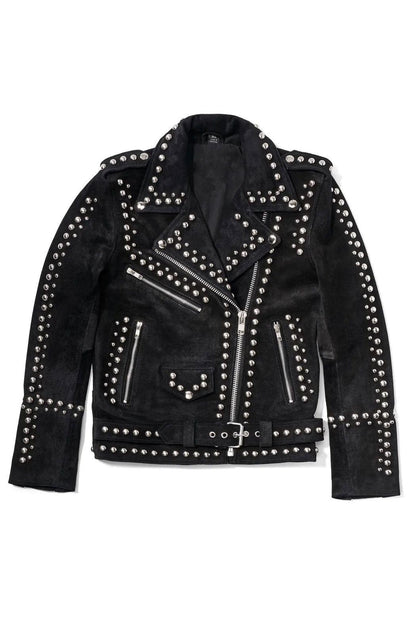 Women Style Silver Studded Black Suede Leather Jacket - Leather Loom