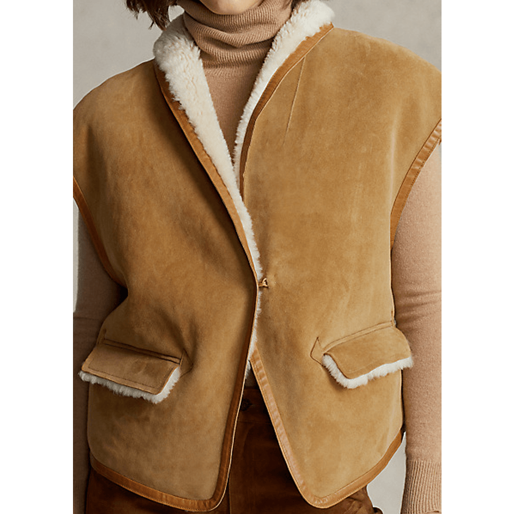 Women’s Sheepskin Brown Aviator Shearling Leather Vest - Leather Loom