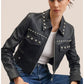 Black Women style Silver Spiked Studded Retro Motorcycle Leather Jacket - Leather Loom