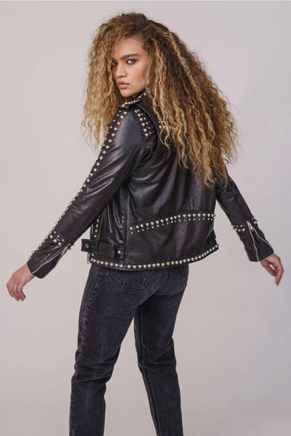 Women Black Style Silver Spiked Studded Leather Biker jacket - Leather Loom