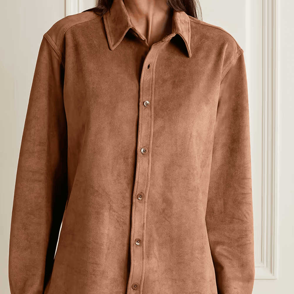 Women's Brown Smooth Simple Button Leather Blend Shirt - Leather Loom