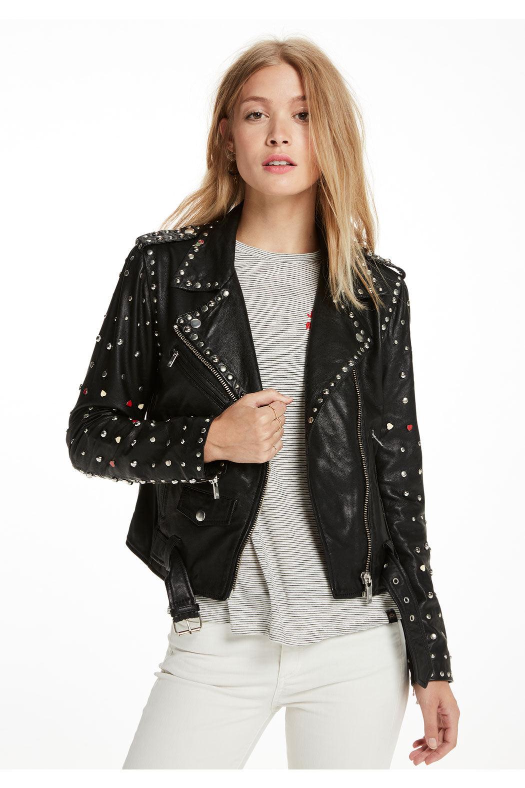 Black Women Spiked Studded Leather Motorcycle Jacket - Leather Loom