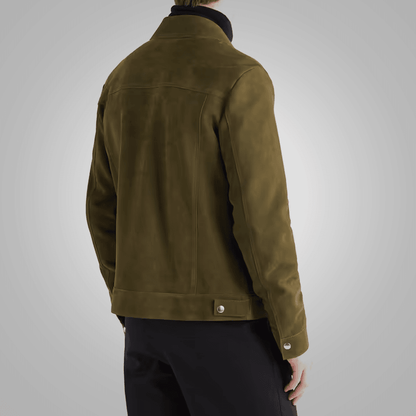 Men Olive Green Lambskin Leather Trucker Jacket - Leather Loom