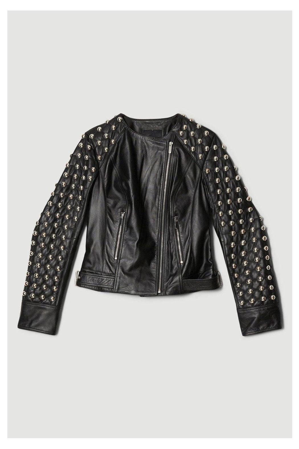 Black Women Style Silver Spiked Studded Leather Jacket - Leather Loom