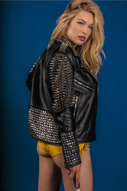 Women Black Punk Silver Long Spiked Studded Black Leather Jacket - Leather Loom