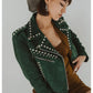 Women Green Style Silver Studded spiked Motorcycle Leather Jacket - Leather Loom