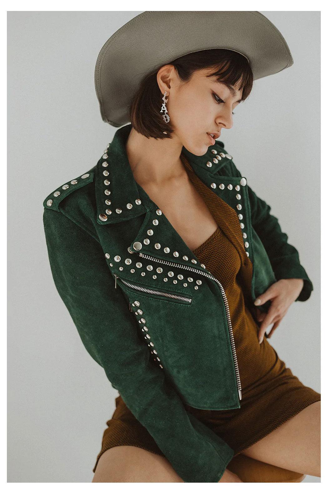 Women Green Style Silver Studded spiked Motorcycle Leather Jacket - Leather Loom