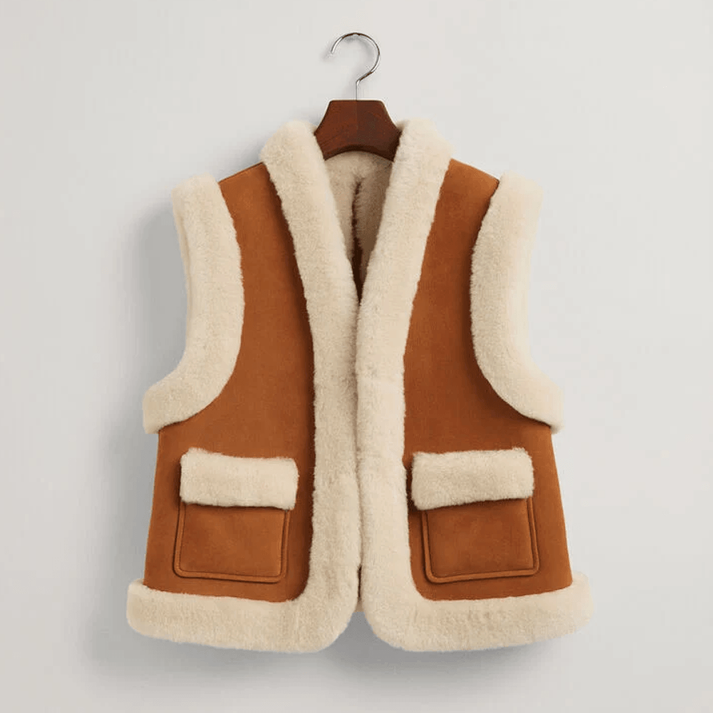 Women’s B3 Brown and white Shearling Leather Vest - Leather Loom