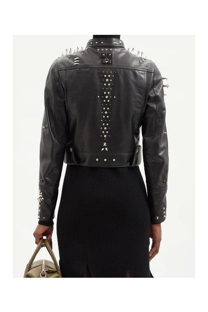 Black Women style Silver Long Spiked Studded Motorcycle Leather Jacket - Leather Loom