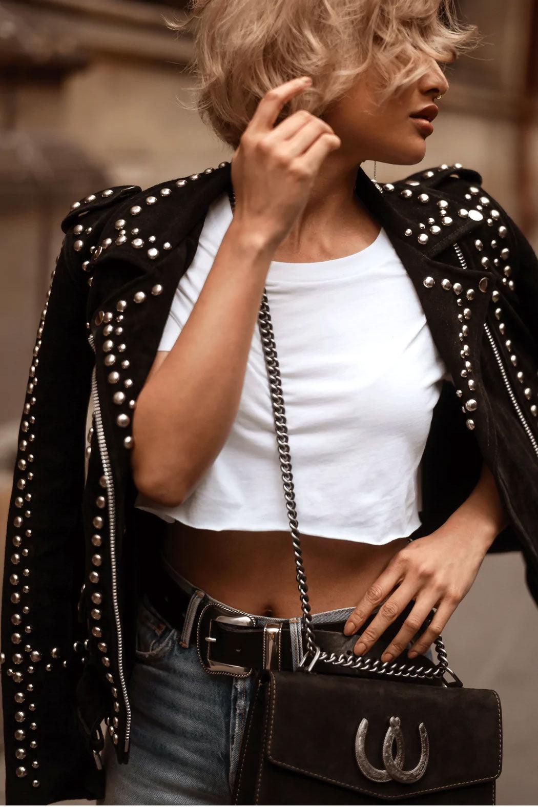 Women Style Silver Studded Black Suede Leather Jacket - Leather Loom