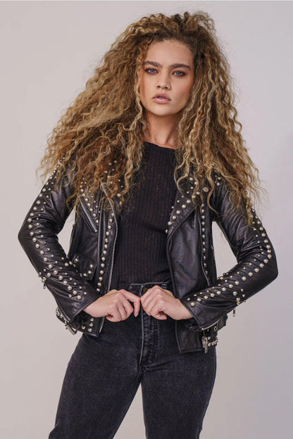 Women Black Style Silver Spiked Studded Leather Biker jacket - Leather Loom