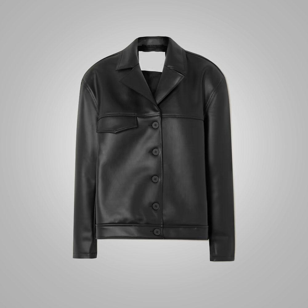 Women's Black Soft Fit Smooth Faux Leather Shirt - Leather Loom